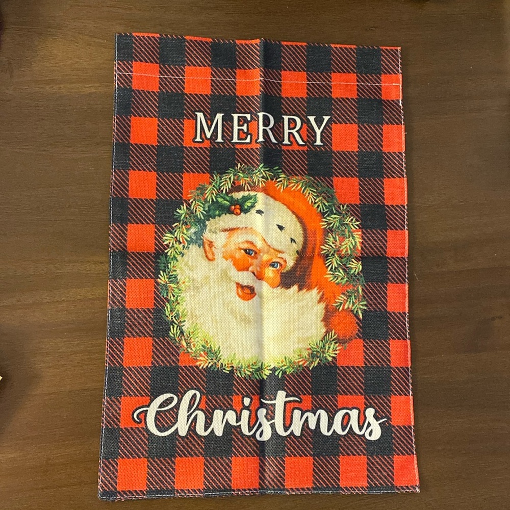 Buffalo Plaid Santa Claus Wreath Merry Christmas Garden Flag 12” x 18.5”